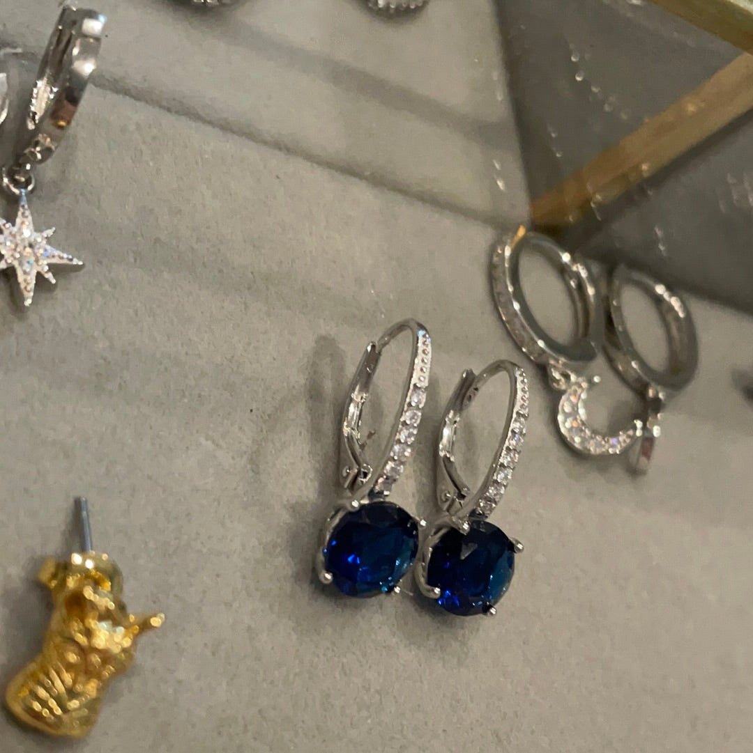 Brand New Sterling Silver Beautiful Clear Pave and Blue Stone Dangle Earrings