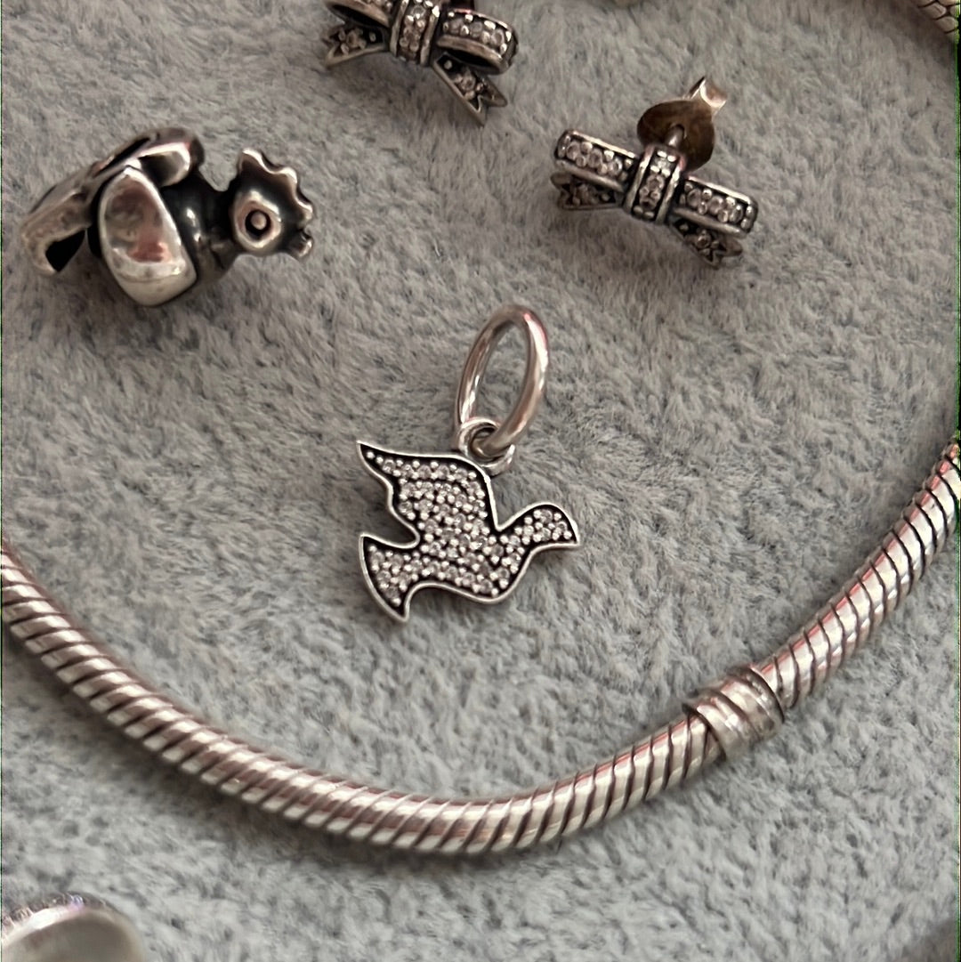Genuine Pandora Dove of Peace Pave Dangle Charm Pendant Symbol