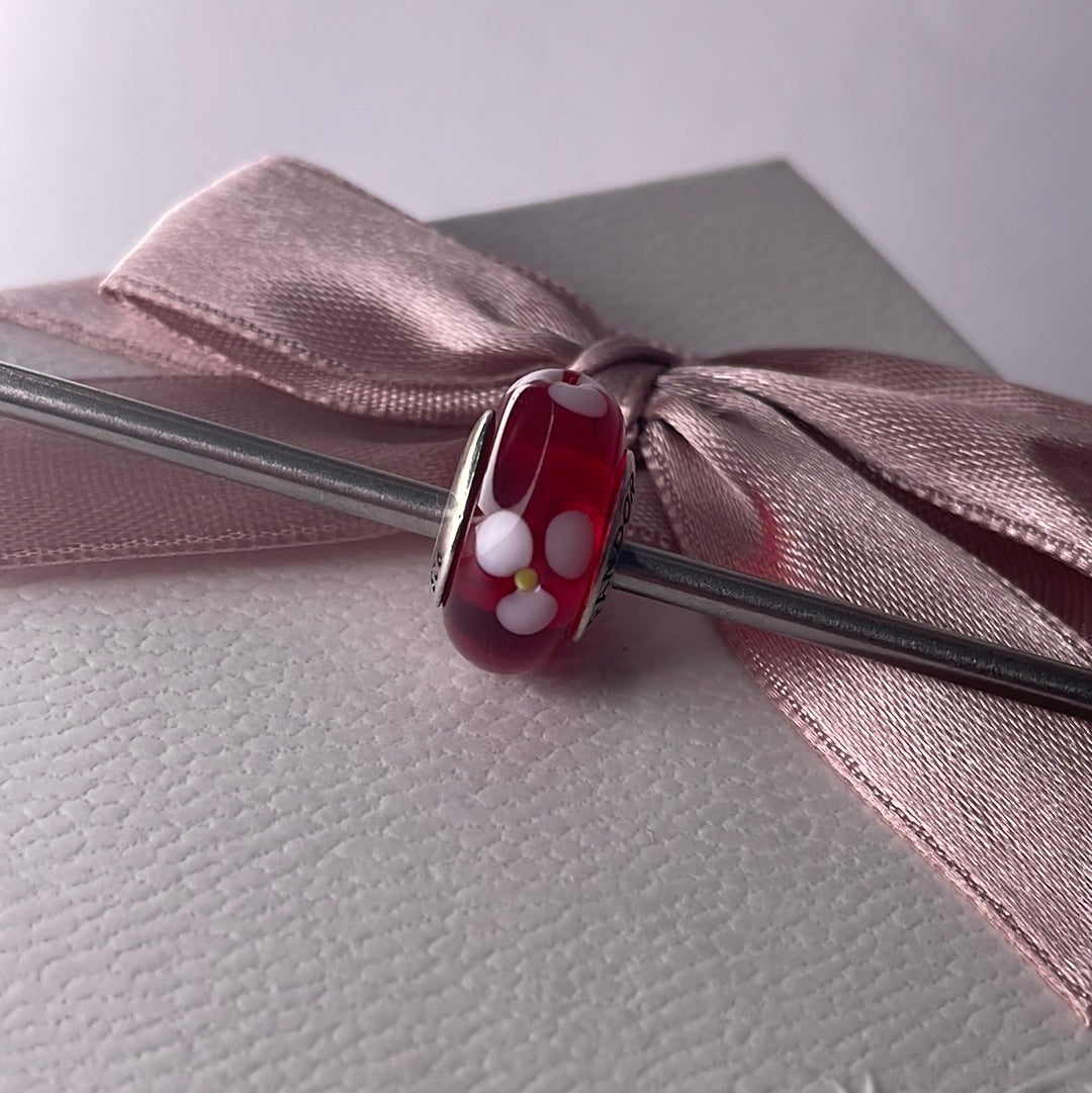 Genuine Pandora Red Murano Glass Charm With White and Yellow Flowers