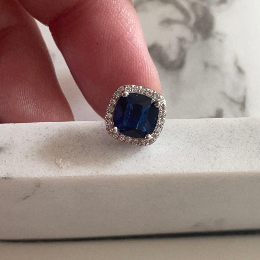 Brand New Sterling Silver CZ Blue Large Stone Pave Studs Beautiful