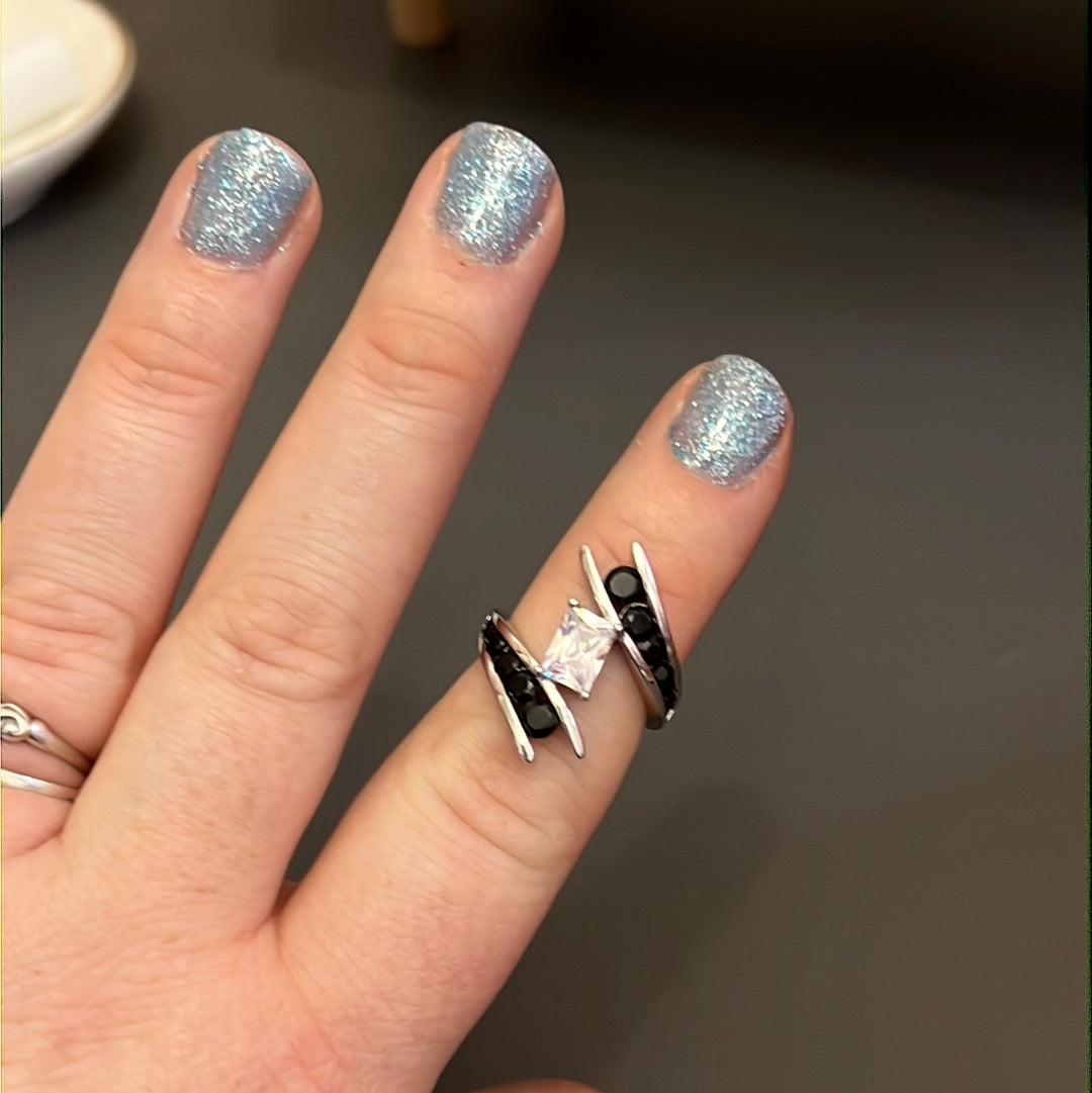 Sterling Silver Pave and CZ Black and Clear Crossover Ring Size..