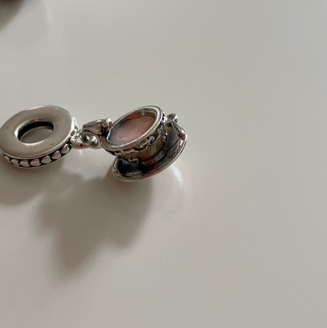 Genuine Pandora Teacup and Saucer Enchanted Garden Dangle with Pink Enamel