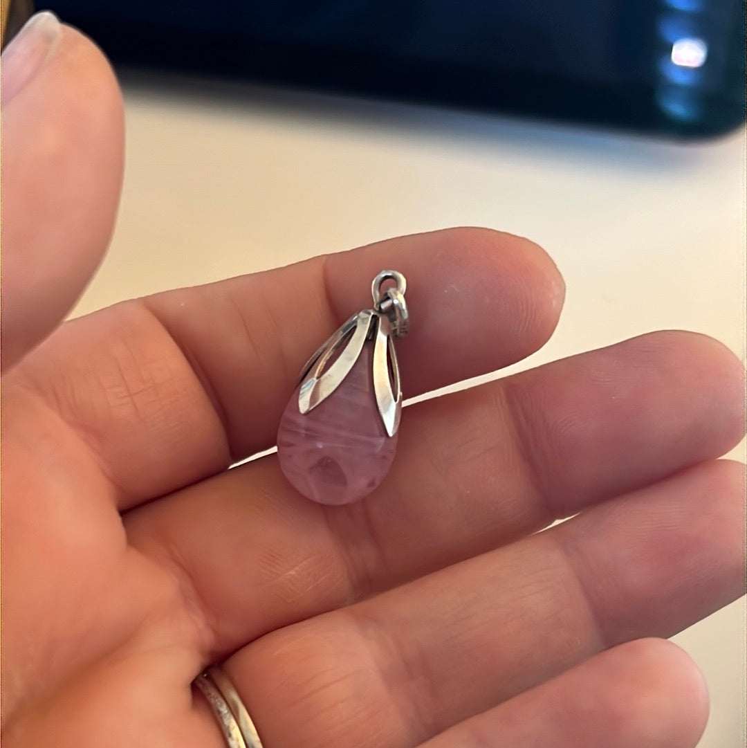 Sterling Silver Flower Pendant with Large Pink Glass Droplet