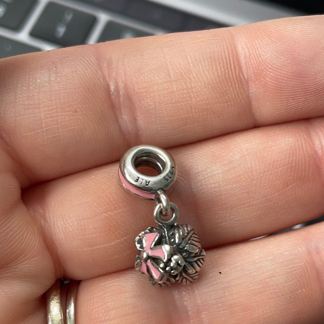 Genuine Pandora RARE Celebration Bunch of Flowers With Pink Enamel Bow and Holder Bouquet Charm