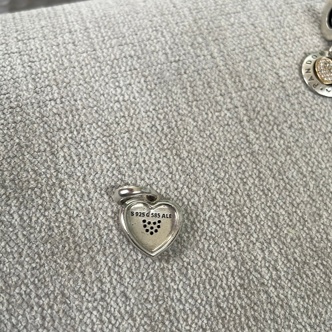 Genuine Pandora Two Tone Logo Heart Pendant Clear CZ Dangle Charm