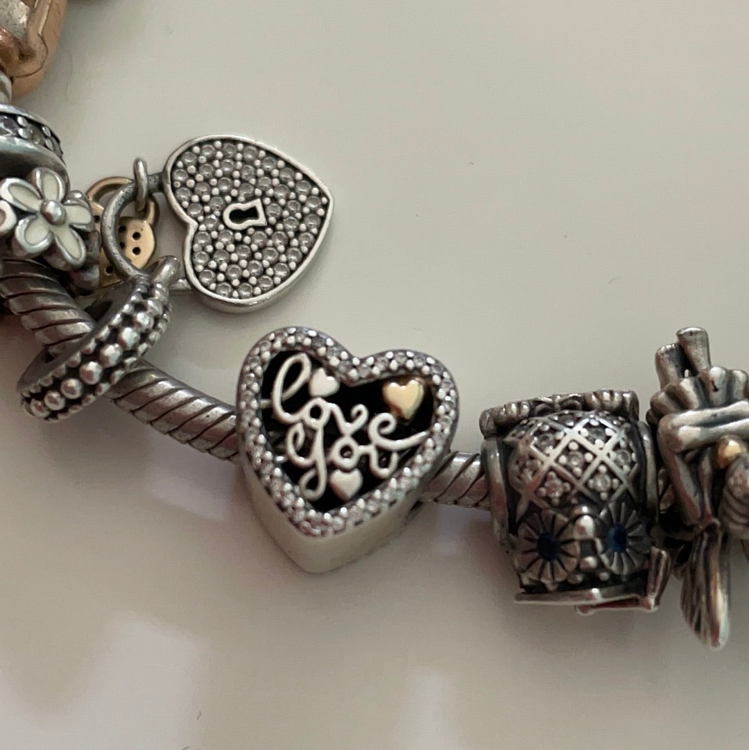 Genuine Pandora Two Tone Gold Heart In a Heart Pave Open Work 'love you' Charm