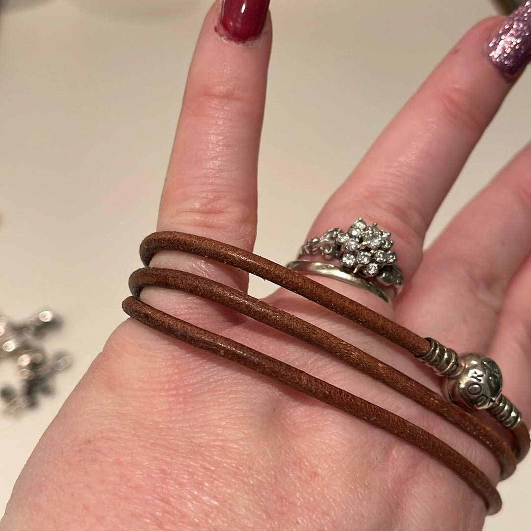 Genuine Pandora Tan Leather Triple Wrap Around Bracelet 57cm in total