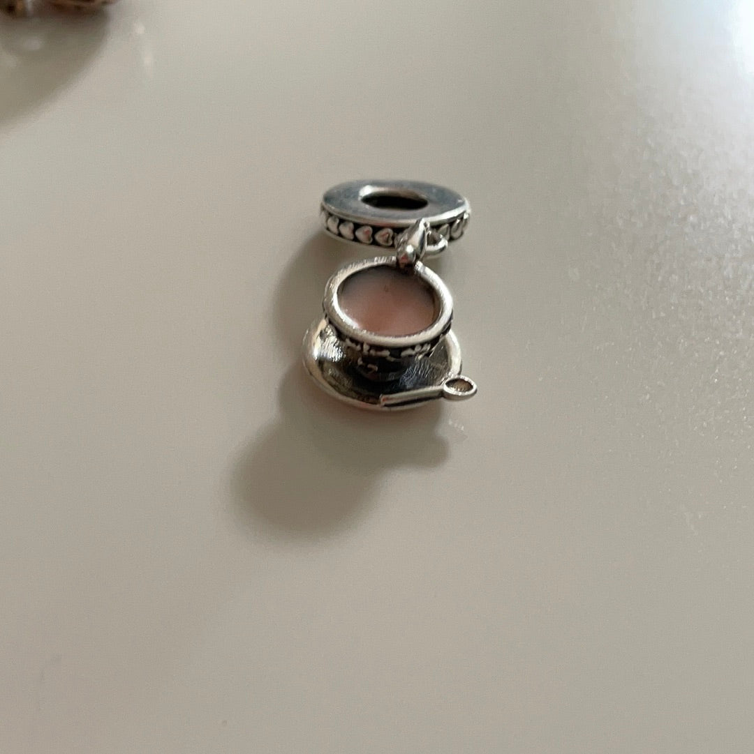 Genuine Pandora Teacup and Saucer Enchanted Garden Dangle with Pink Enamel