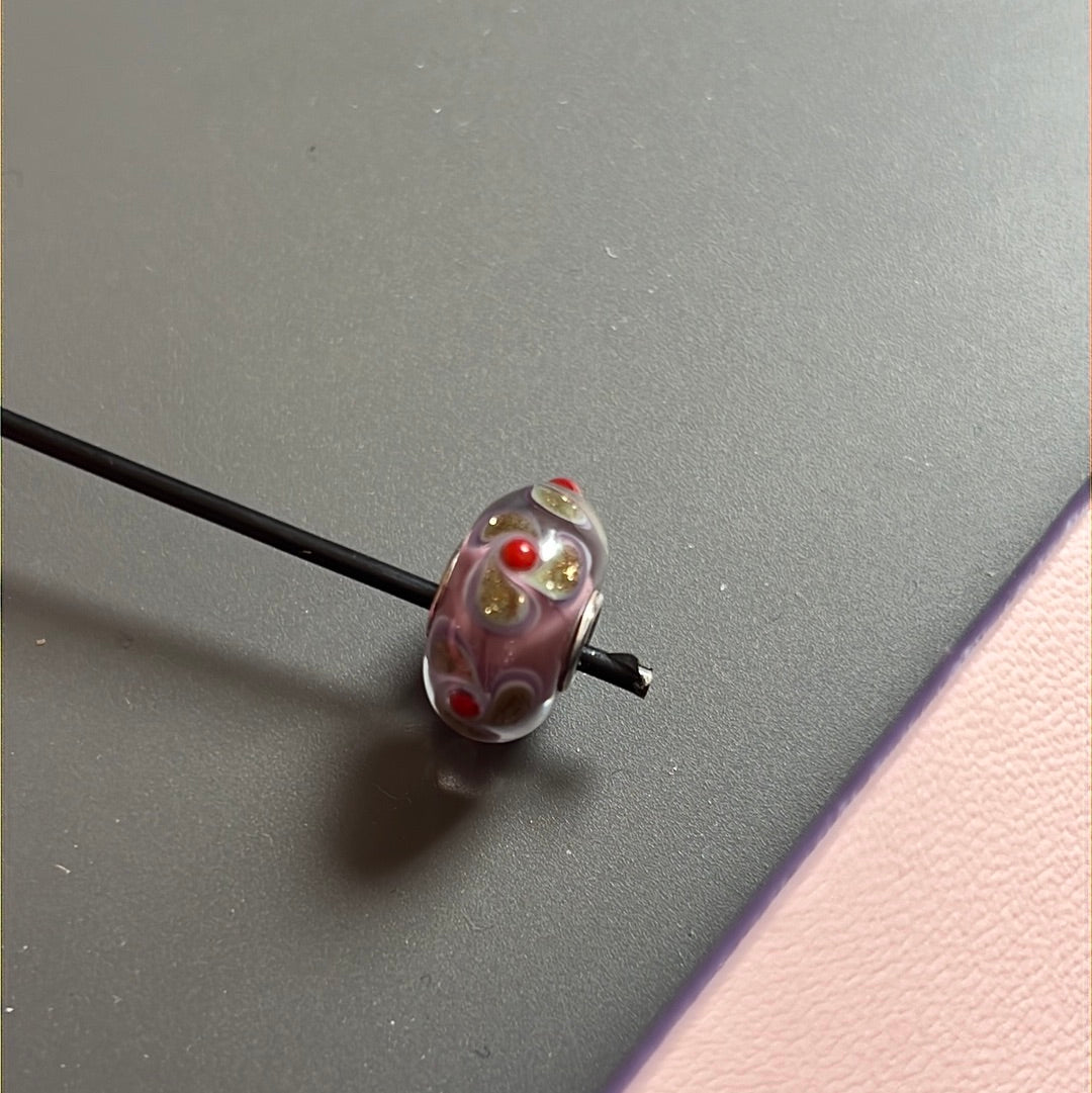 Genuine Trollbeads Pink and Sparkle Gold Glitter Flower Murano Charm