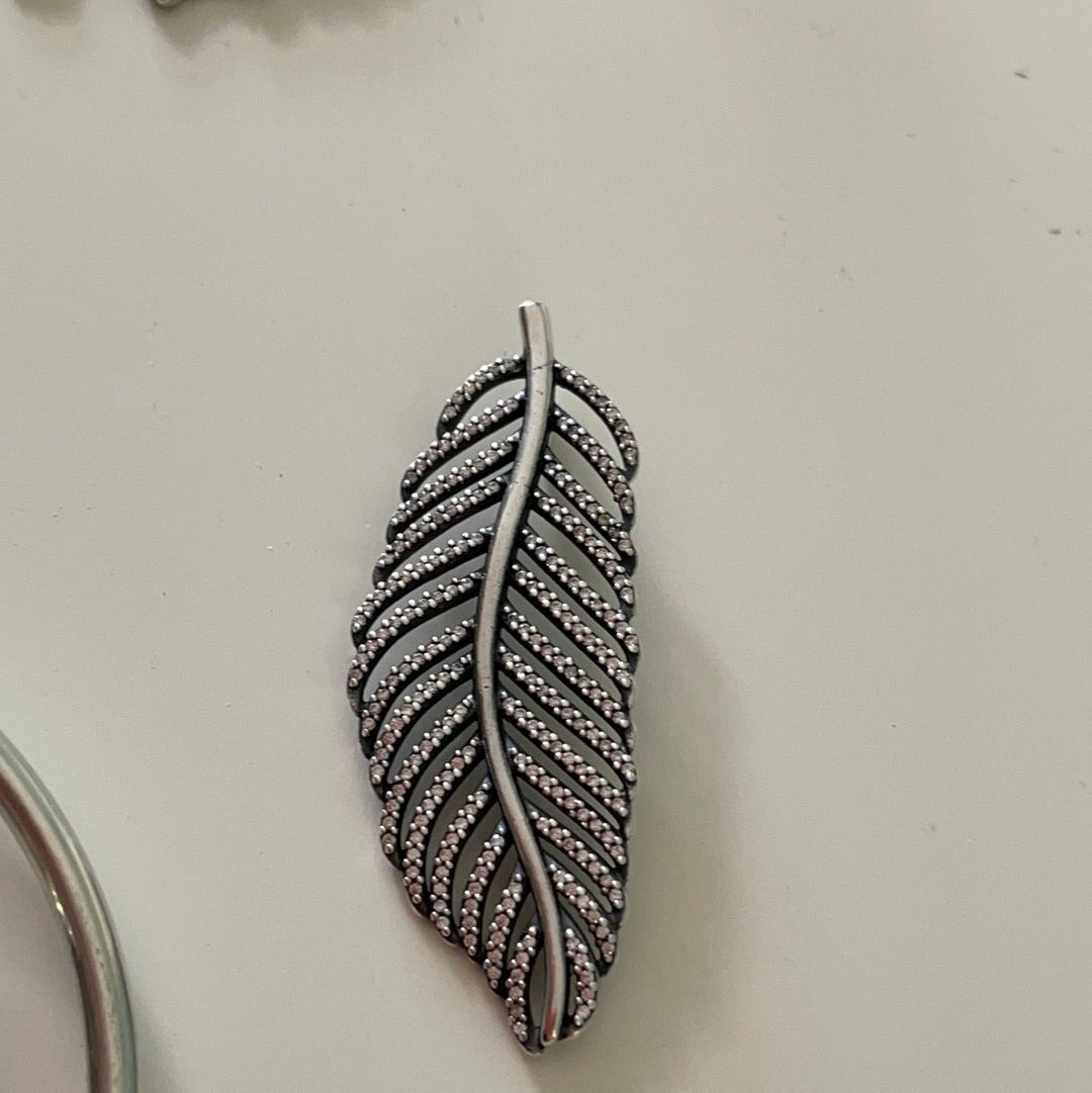 Genuine Pandora Pave Dazzling Dangling Feather Leaf Pendant with Chain