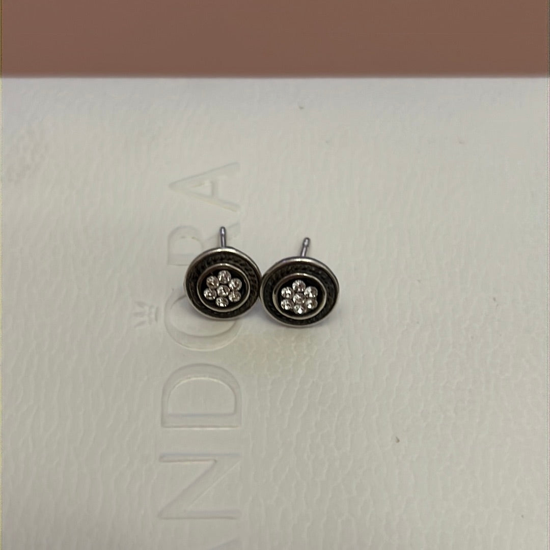 Silver Plated CZ Flower Circle Stud Earrings
