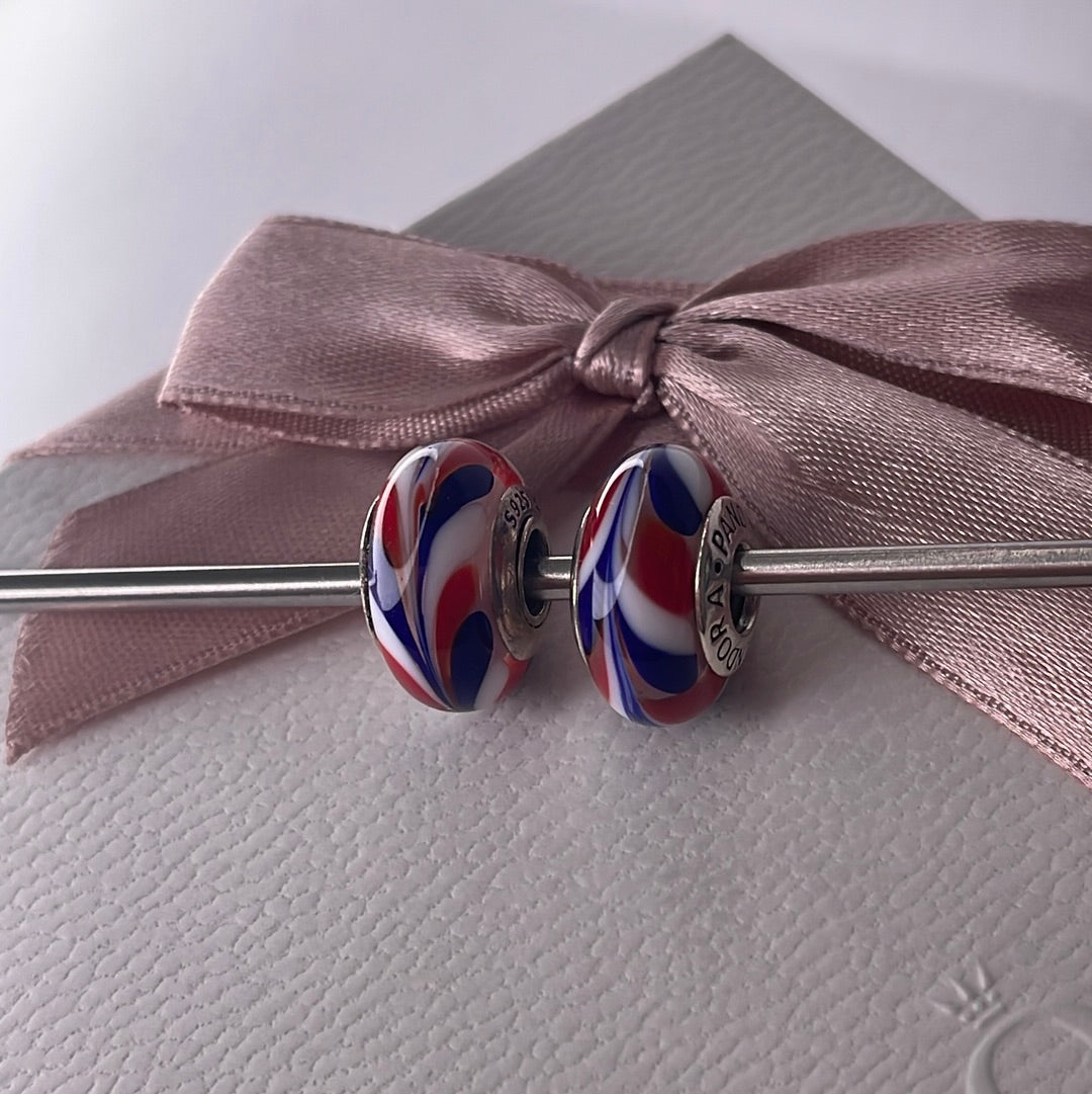 Genuine Pandora Red, Blue, White Swirl Paint UK GB Travel Murano Glass Charm