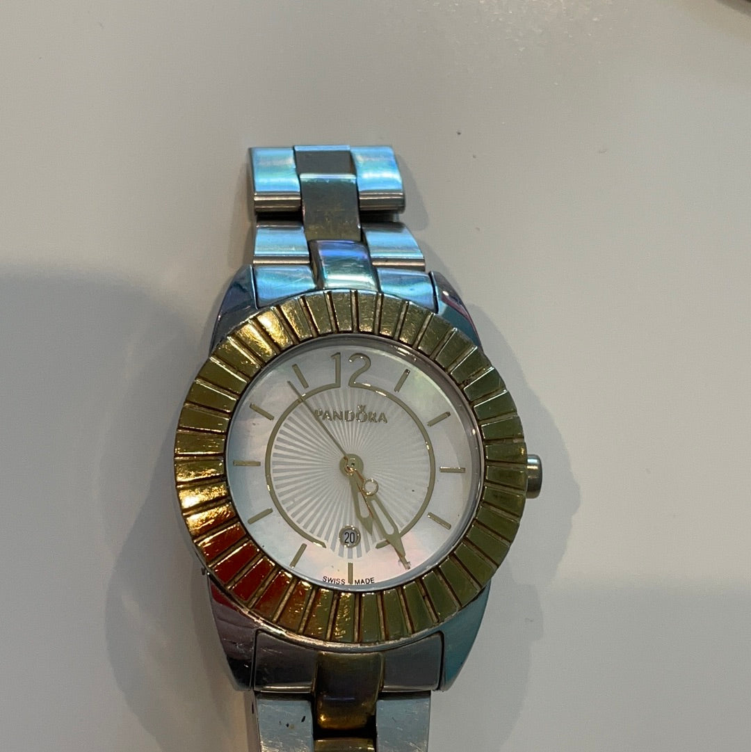 Genuine Pandora Grand C Black Diamond Large Watch Two Tone Gold Plated Bezel