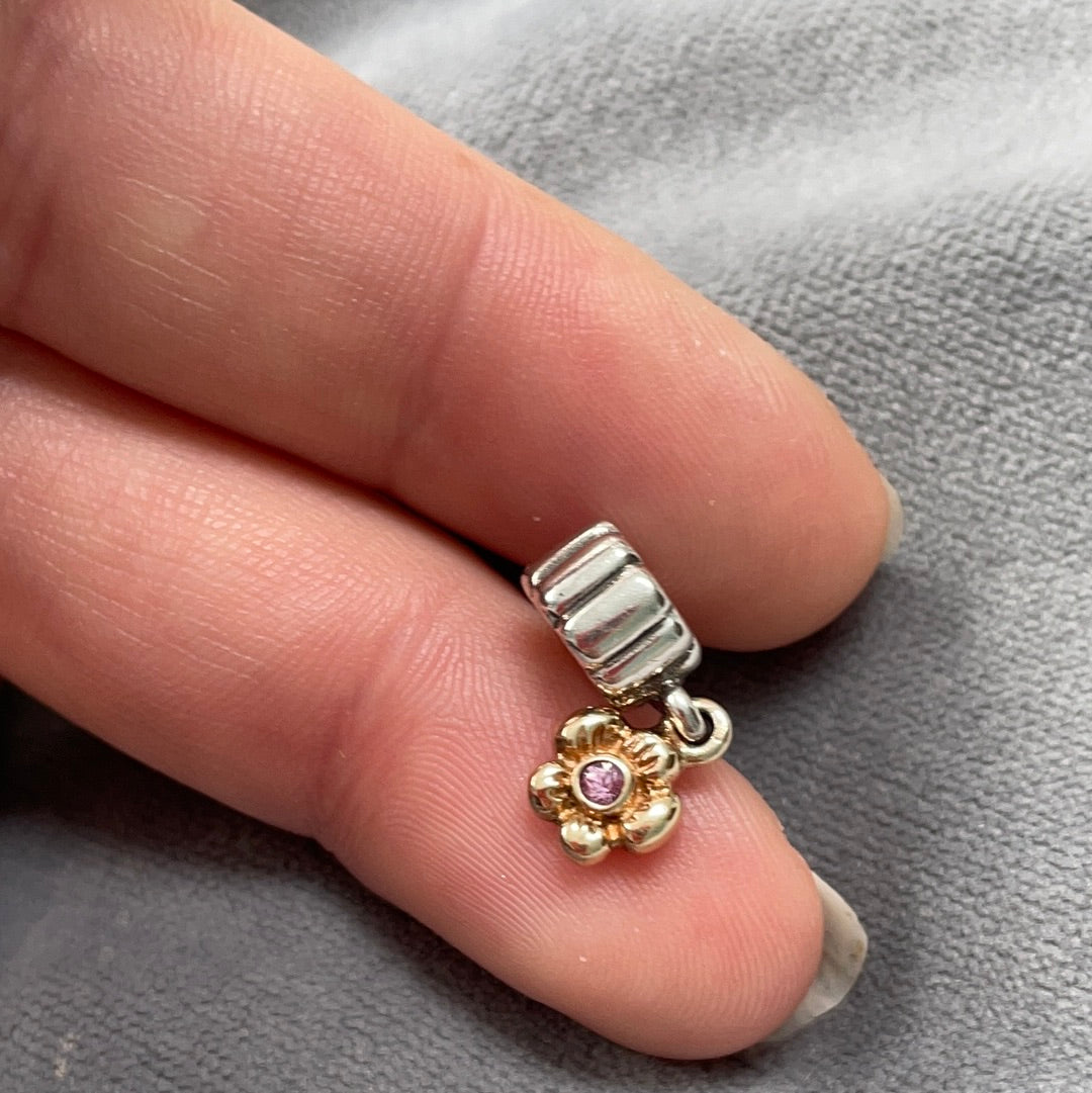 Genuine Pandora Two Tone RARE HTF Pink Sapphire 14ct Gold Flower Dangle Charm