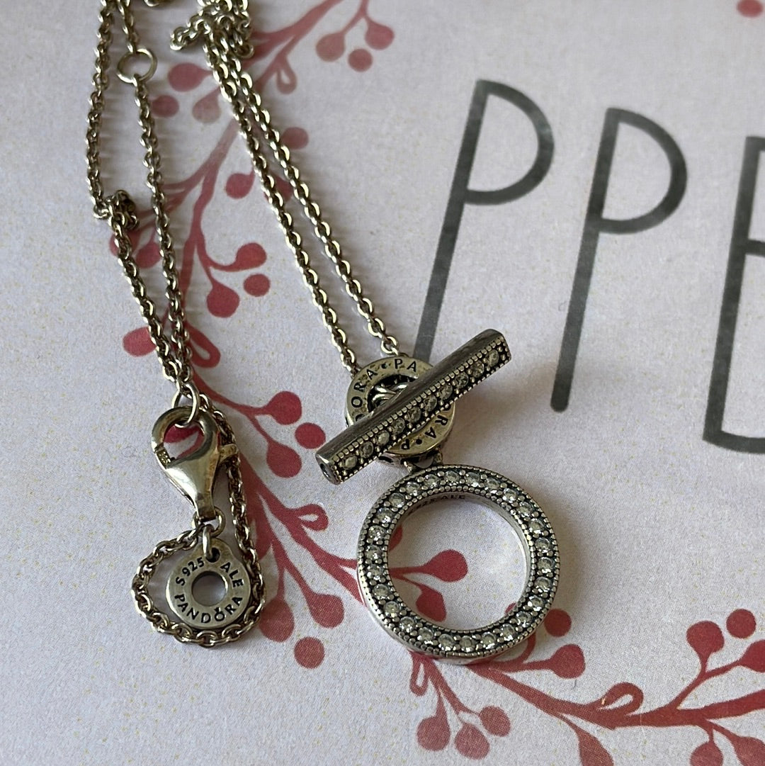 Genuine Pandora T bone Pave Circle Logo Signature Necklace 45cm drop
