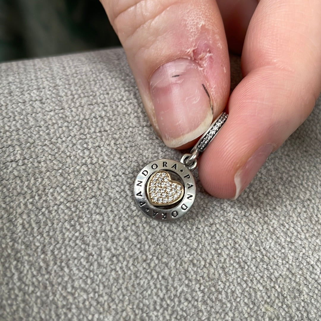 Genuine Pandora Two Tone Logo and Openwork Heart Pendant Clear CZ Dangle Charm
