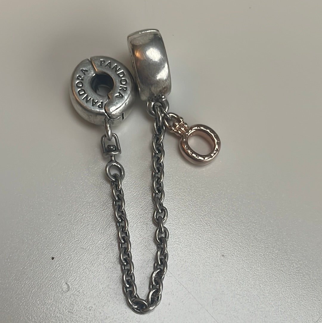 Genuine Pandora Silver Clip Safety Chain With Rose Gold Logo Dangle