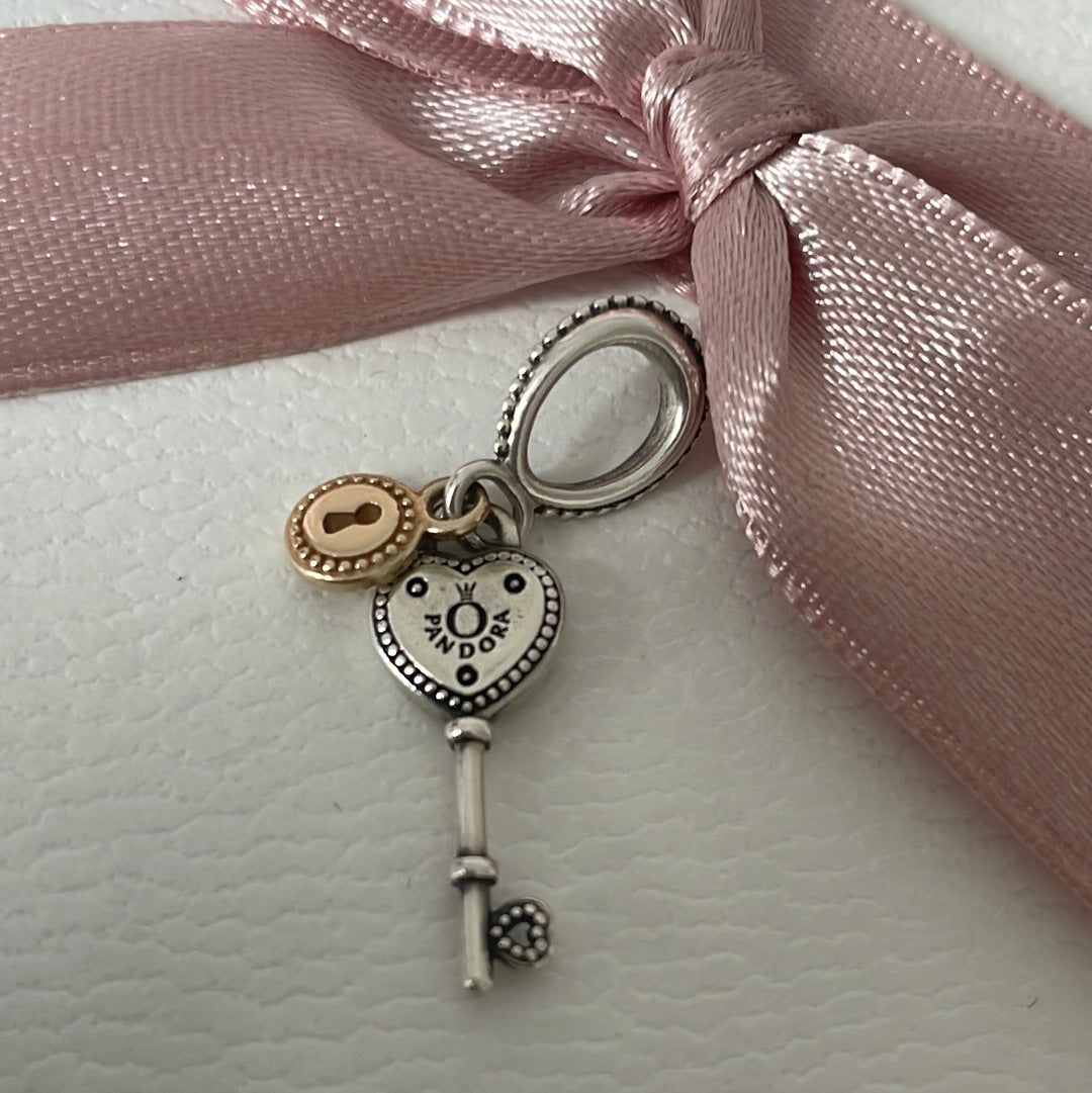 Genuine Pandora Two Tone Lock and Heart Key Dangle Charm Pendant