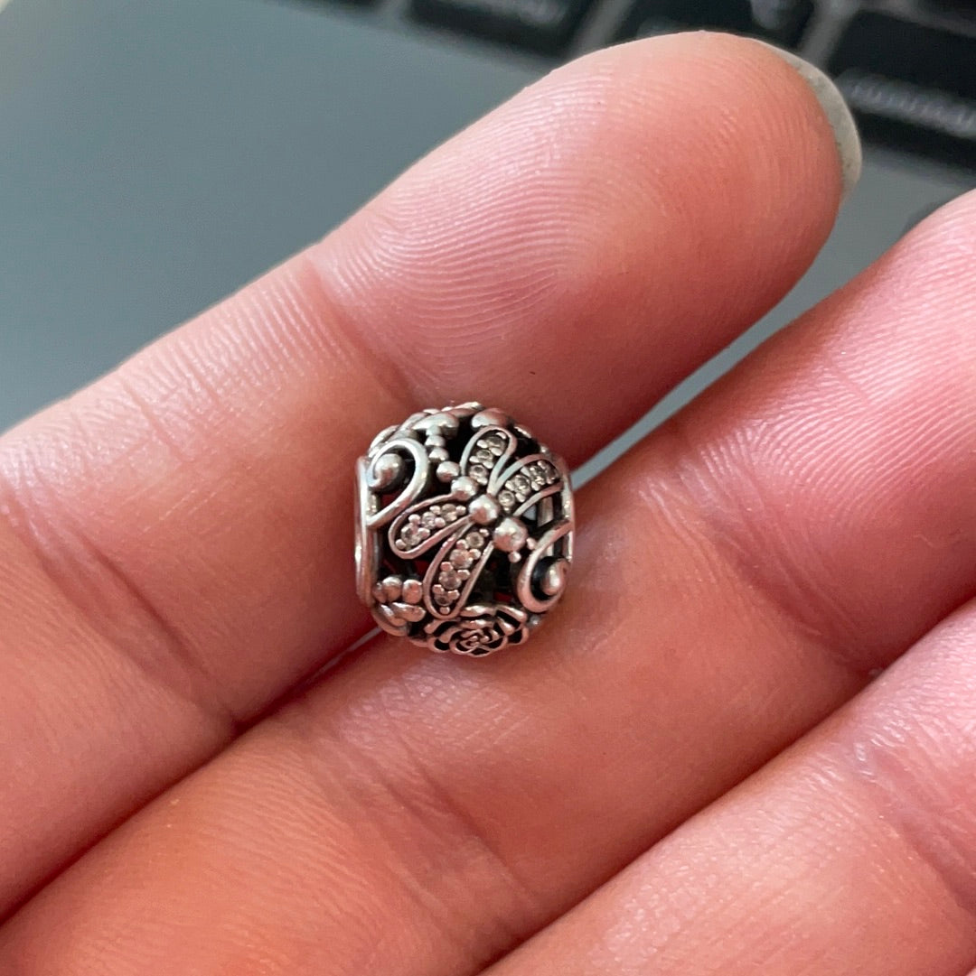 Genuine Pandora Openwork Pave Dragonfly and Flowers Ball
