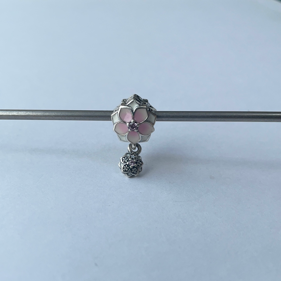 Genuine Pandora Pink Magnolia Flower Bloom Openwork Charm With Dangle Flower