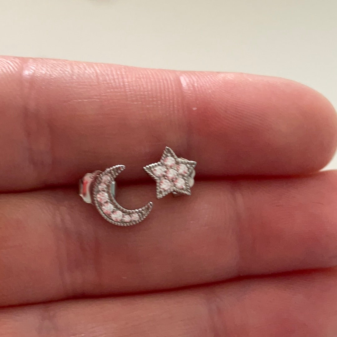 Brand New Pave CZ Star and Moon Earrings Studs Mismatched Set