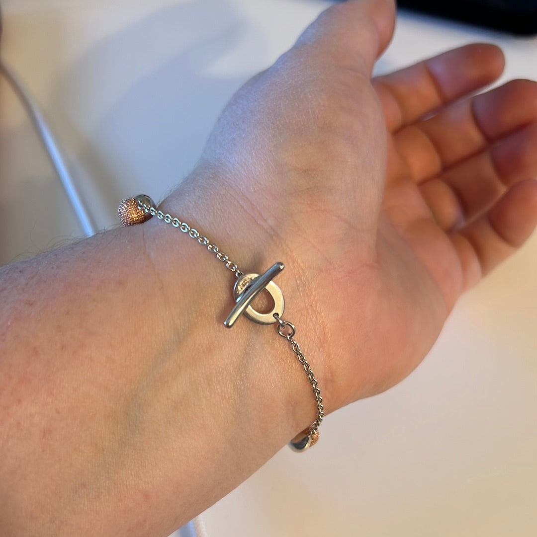 Genuine Links of London Sterling Silver T-Bar Bracelet With Half Rose Gold and Half Silver Hearts