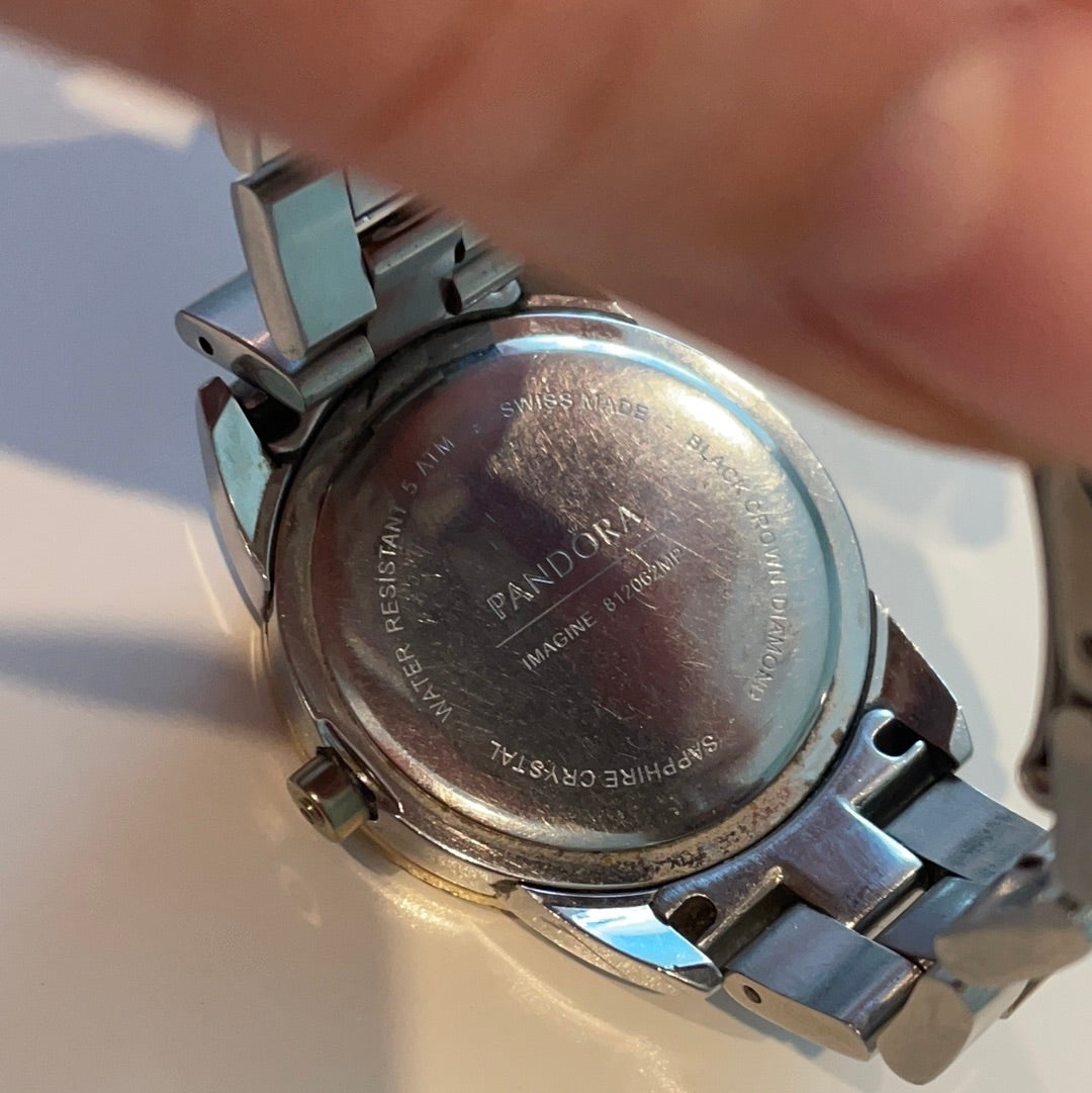 Genuine Pandora Grand C Black Diamond Large Watch Two Tone Gold Plated Bezel