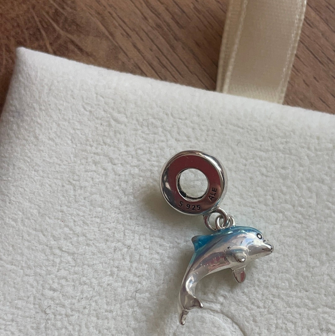 Genuine Pandora Enamel Summer Dolphin Dangle with CZ Holder