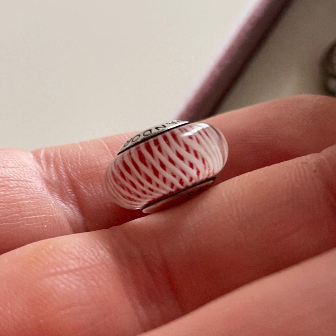 Genuine Pandora Red Sparkle Background With White String Criss Cross Stripe Murano Glass Charm