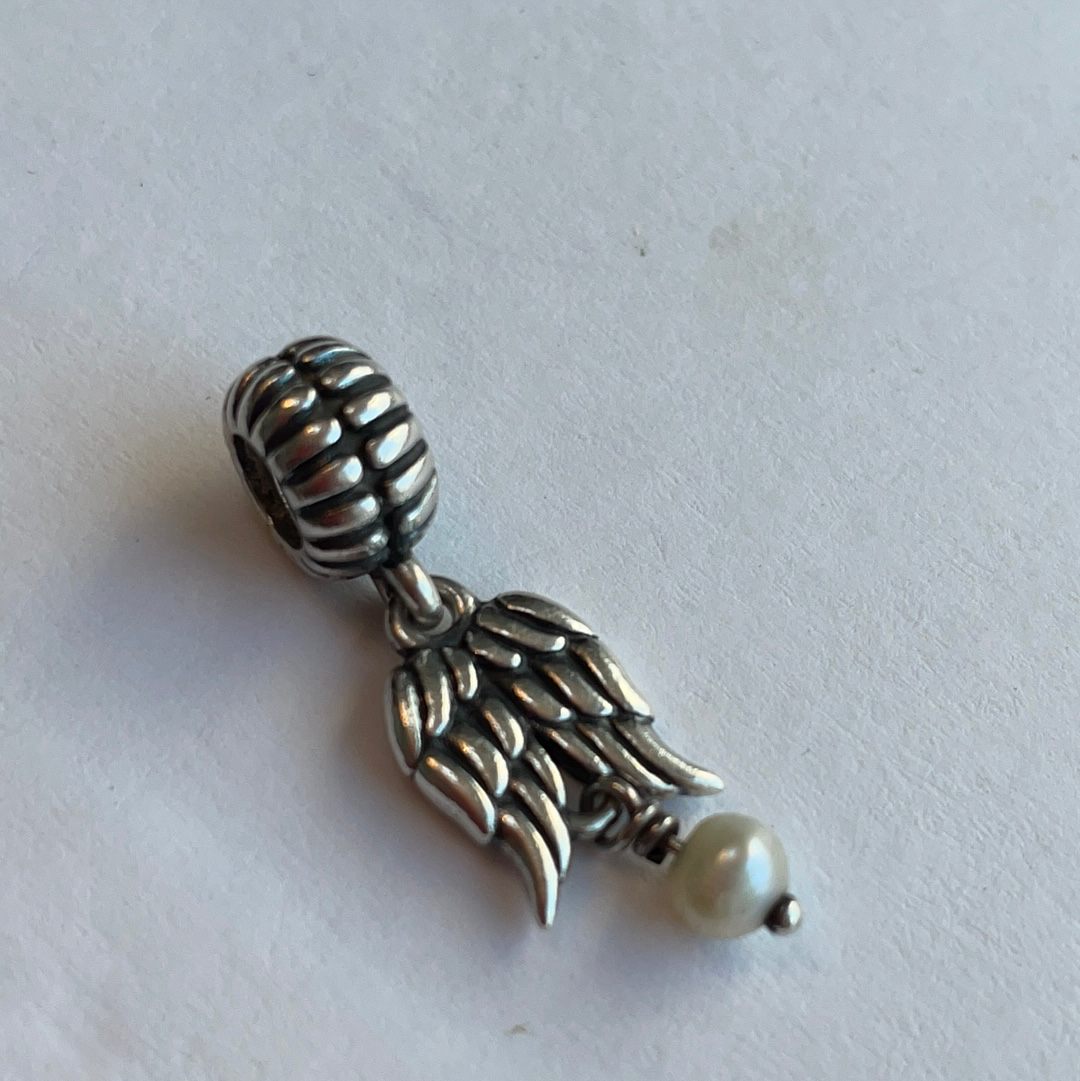Genuine Pandora Angel Wing Charm Feathers Pearl Dangle