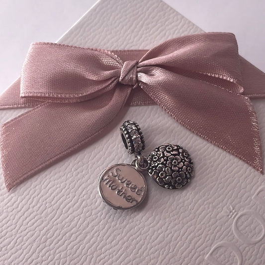 Genuine Pandora Sweet Mother Oxidised Flower Pave Clasp Dangle Charm