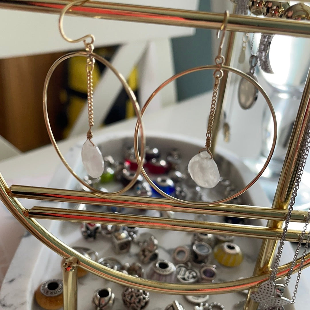 Brand New Gold Plated Brass Large Hoops With Dangle Moonstone Gemstones