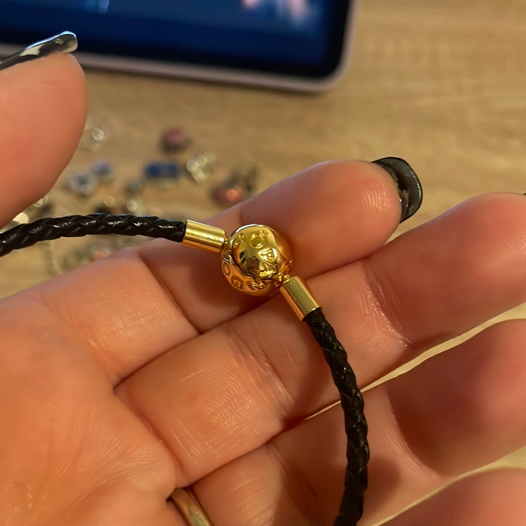 Genuine Pandora Single Black Leather Bracelet Shine Gold Clasp 19cm