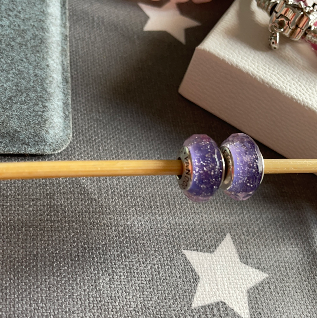 Genuine Pandora Purple Lilac With Glitter Fleck Faceted Murano Glass Charm