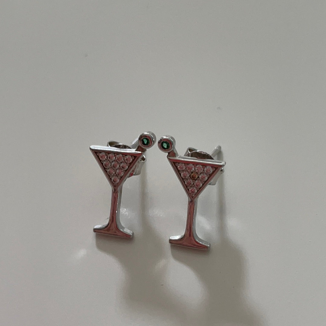 Brand New Pave CZ Martini Glass With Olive Earrings Studs