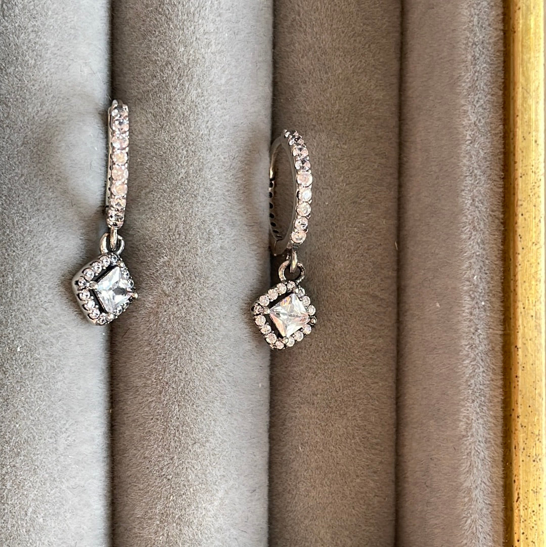 Unbranded Sterling Silver Pave Hoop Earrings With Diamond Shaped CZ Dangles