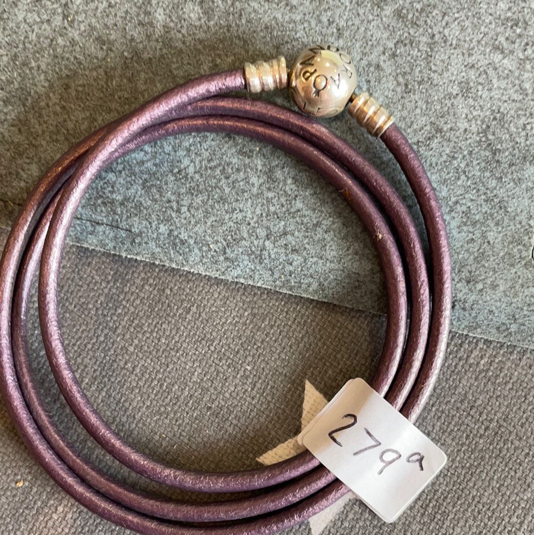 Genuine Pandora Purple Leather Triple Wrap Around Bracelet
