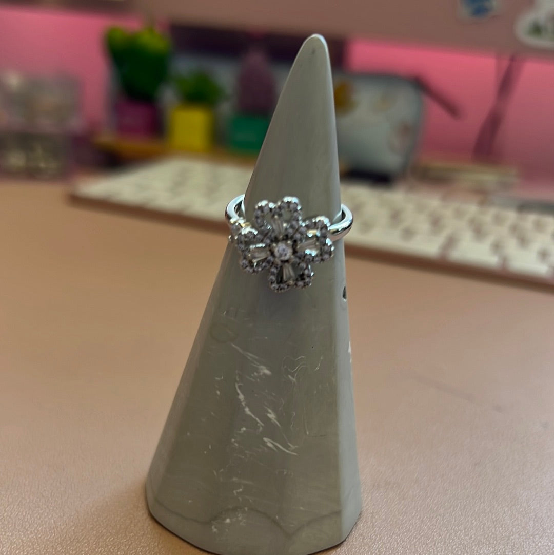 Beautiful Adjustable Anxiety Spinning Ring - Large Clear Pave 4 Heart Petal Flower
