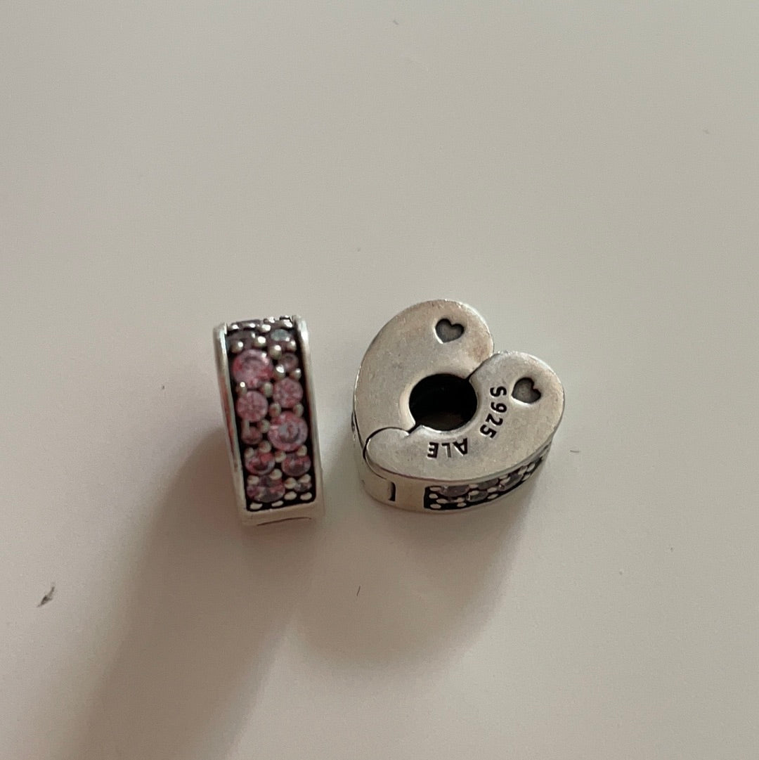 Genuine Pandora Pave Pink Heart Shaped Clips With Silicone Insert Various