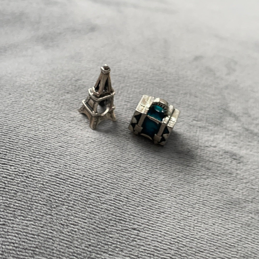 Unbranded Sterling Silver Travel Charms Eiffel Tower Paris France and Blue Enamel Suitcase