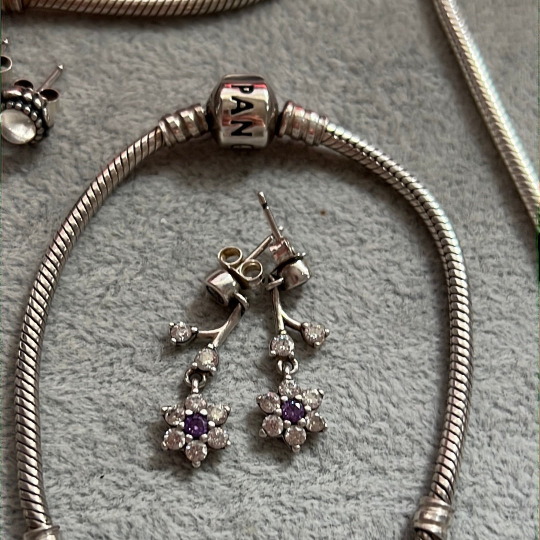 Genuine Pandora Purple Pave Dangle Forget Me Not Earrings