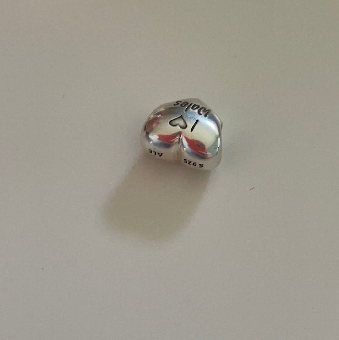 Genuine Pandora Silver Puffed Heart Charm With I Love Wales Dragon Charm