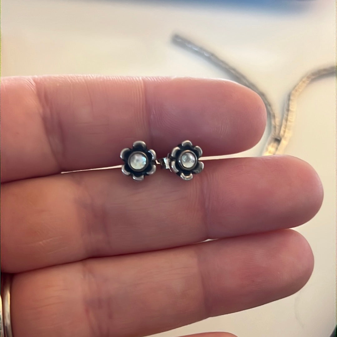 Genuine Pandora Topaz Moonstone Flower RARE HTF Earrings Studs
