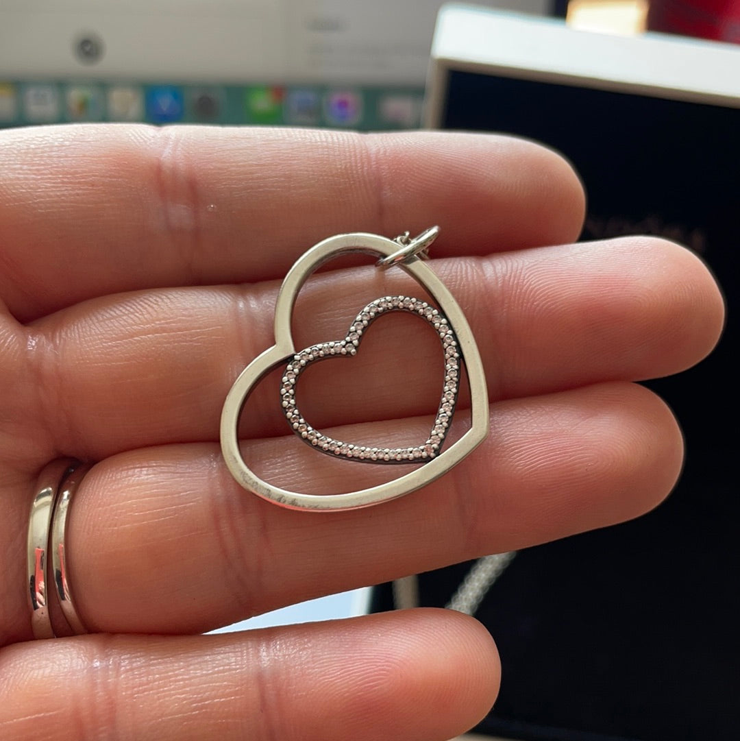 Genuine Pandora Pave Double Heart to Heart Necklace 45cm