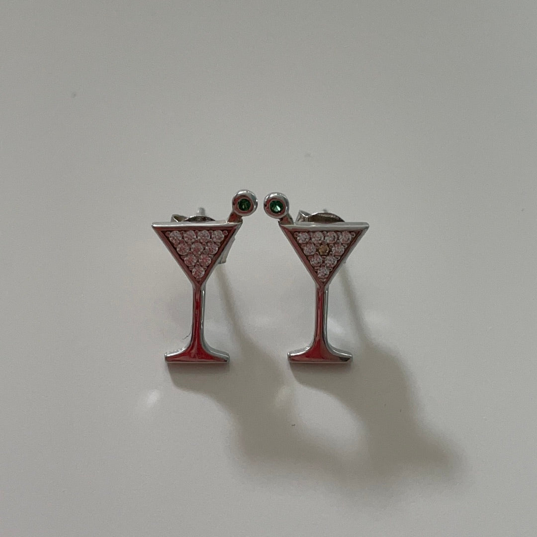 Brand New Pave CZ Martini Glass With Olive Earrings Studs
