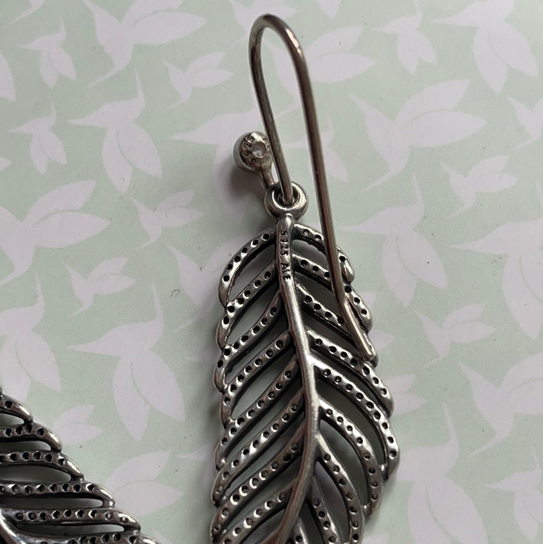 Genuine Pandora Pave Leaf Feather Dangle Compose Charms For Earrings RARE