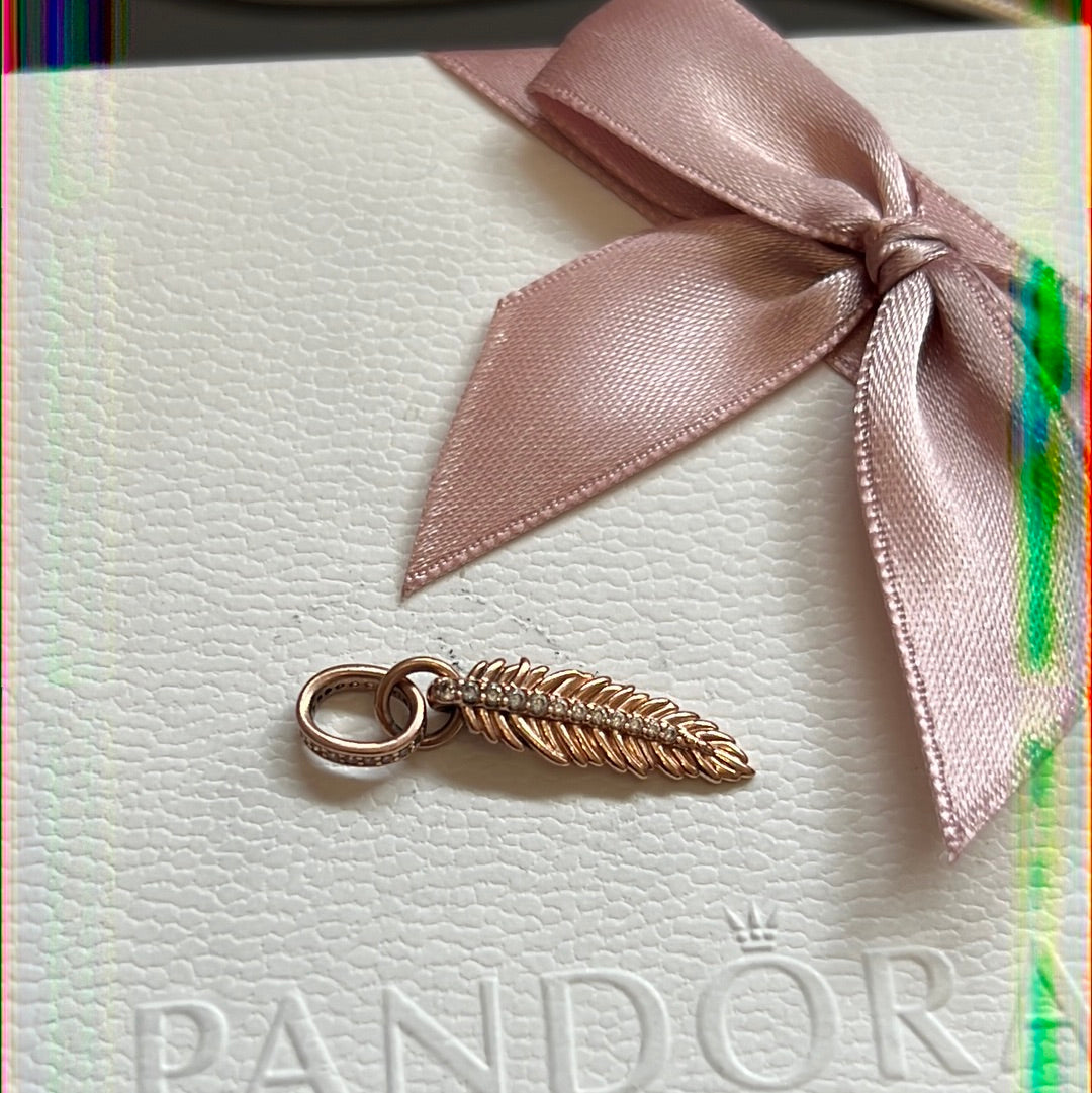 Genuine Pandora Rose Gold Pave Sparkling Feather Leaf Dangle