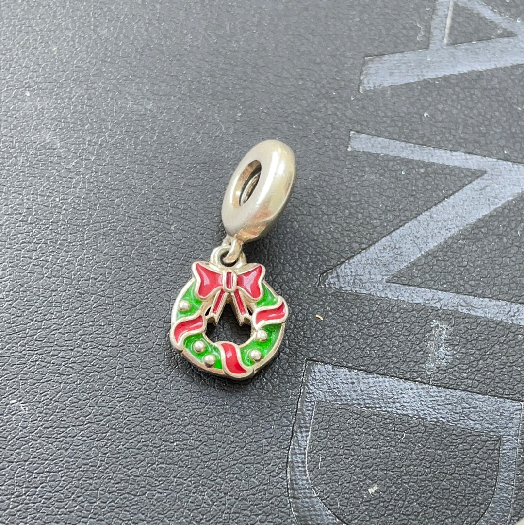 Genuine Pandora Dangle Green Enamel Christmas Wreath Charm