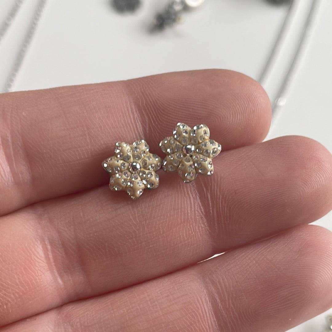 Genuine Swarovski Pave Crystal Cream Flower Poinsettia Stud Earrings