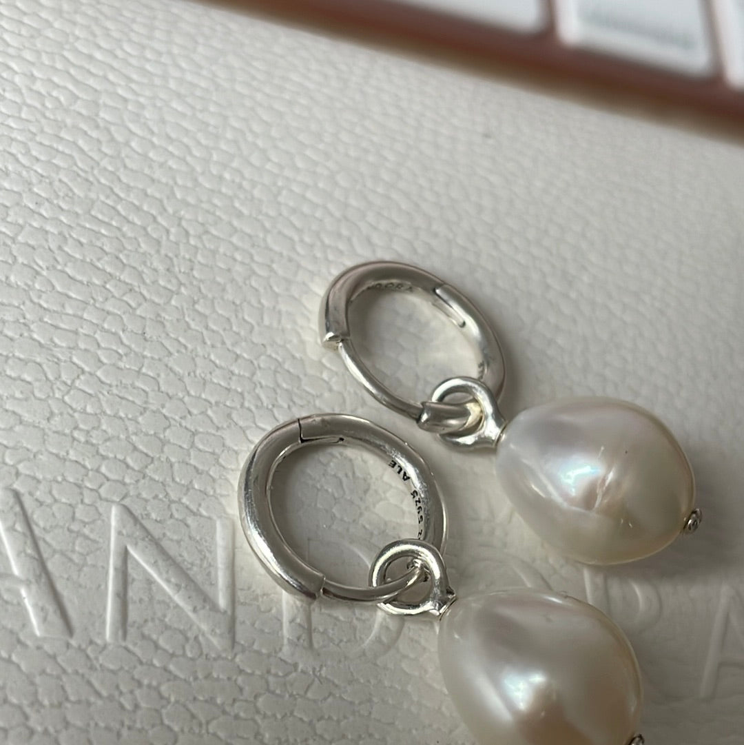 Genuine Pandora Fresh Water Pearl Dangle Hoop Earrings
